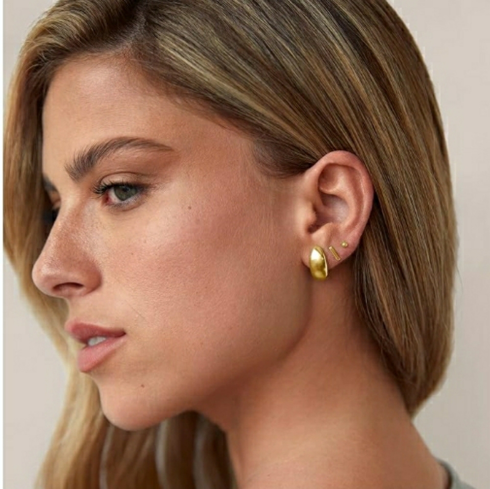 14K White Gold Plated 925 Sterling Silver Post Gold Dome Huggie Hoop Earrings - Picture 3 of 5